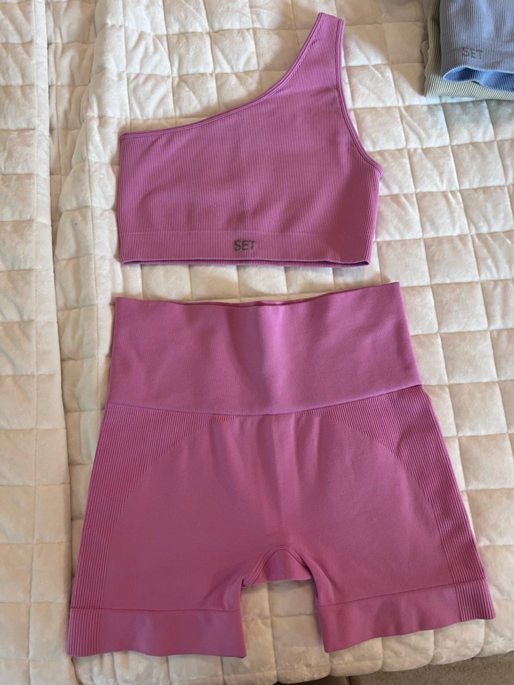 SET Active One-Shoulder Crop Top and High-Waist Biker Shorts in Mauve Pink